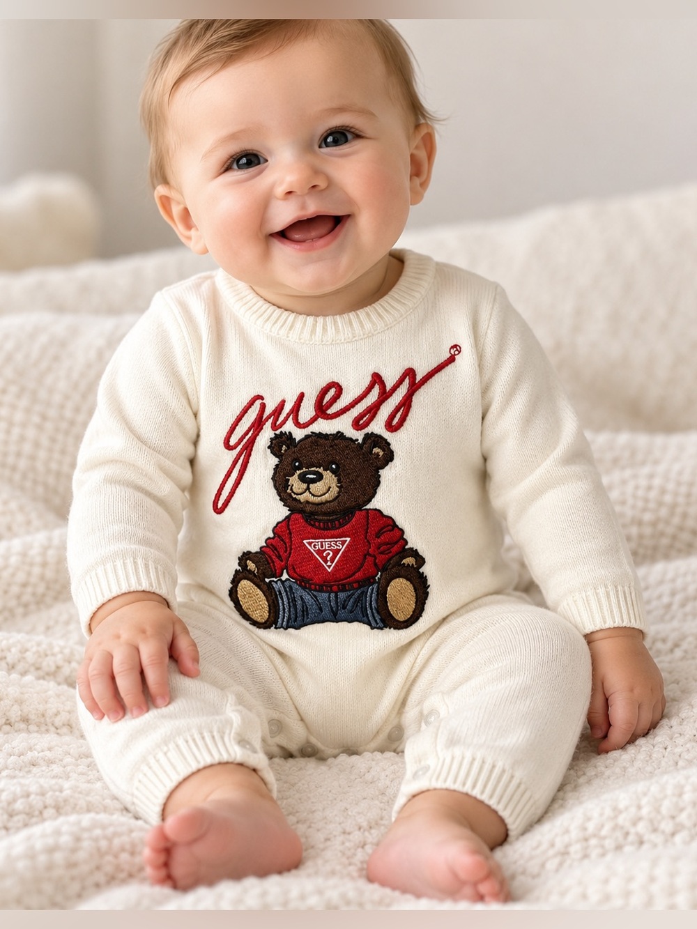 GUESS Baby Teddy Bear Knit Romper 3-6M Cream NWOT